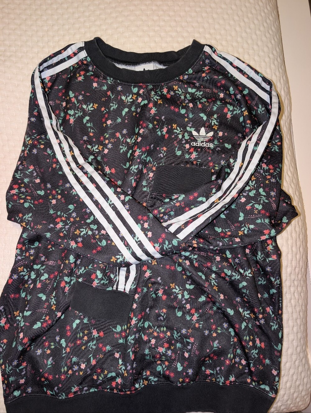 Adidas Floral Black Crewneck Sweatshirt with White Stripes